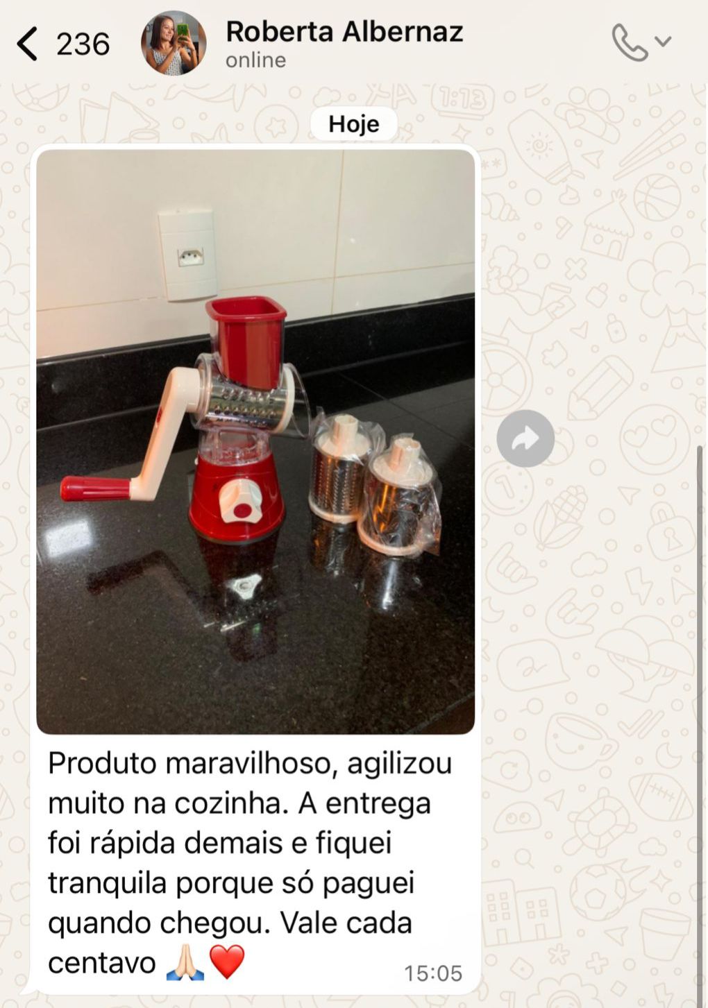 Depoimento de Roberta Albernaz sobre o ralador e a entrega